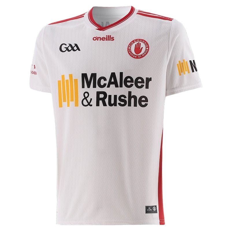 White sports jersey with red and yellow accents featuring branding on a white background