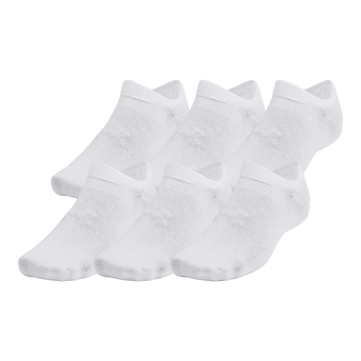 Six pairs of white no-show socks arranged in two overlapping rows on a light gray background.