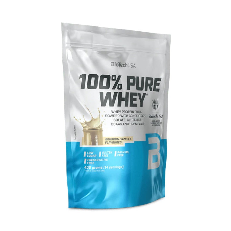 BioTechUSA 100% Pure Whey protein powder in a resealable stand-up pouch, featuring a silver upper half and a bright blue lower half with a large white letter 'B' and product text.