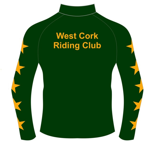 Green long-sleeve shirt with 'West Cork Riding Club' text and yellow stars on a white background