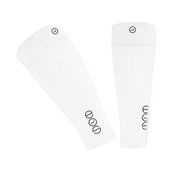 Two white shin guards with black logos on a light gray background