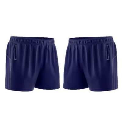 Navy blue shorts with various features labeled on a white background