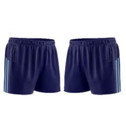 Navy shorts with sky stripes and labels indicating design features on a white background.