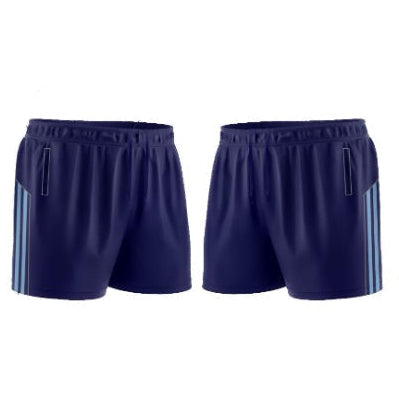 Navy shorts with sky stripes and labels indicating design features on a white background.